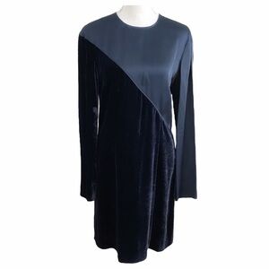 CEDRIC CHARLIER SILK BLEND NAVY SATIN VELVET COMBO LONG SLEEVE A-LINE DRESS - 8